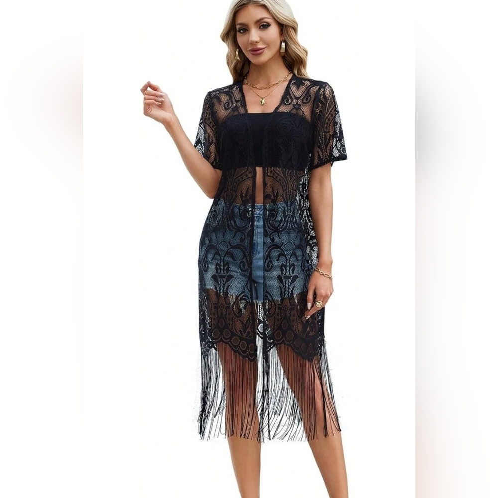 NEW! Sassy Black Lace Sheer Kimono Size Small - Picture 2 of 4